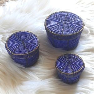 Mini Blue Round Beaded Baskets w Lids (3)